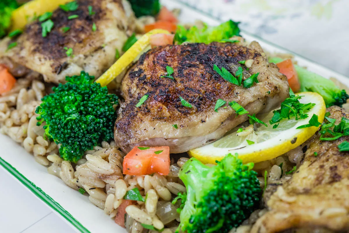 Lemon Chicken Broccoli Orzo Skillet