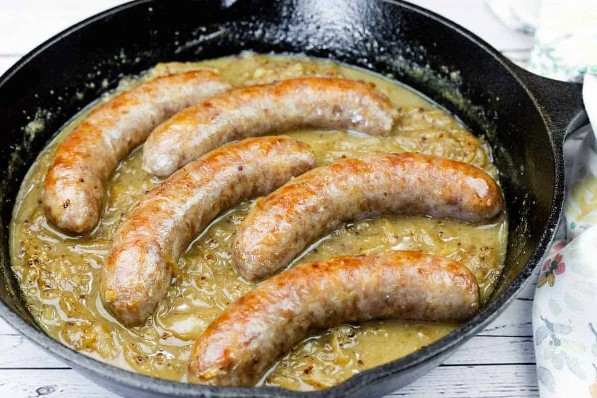 Chef Jenn’s Beer Braised Brats with Caramelized Onions